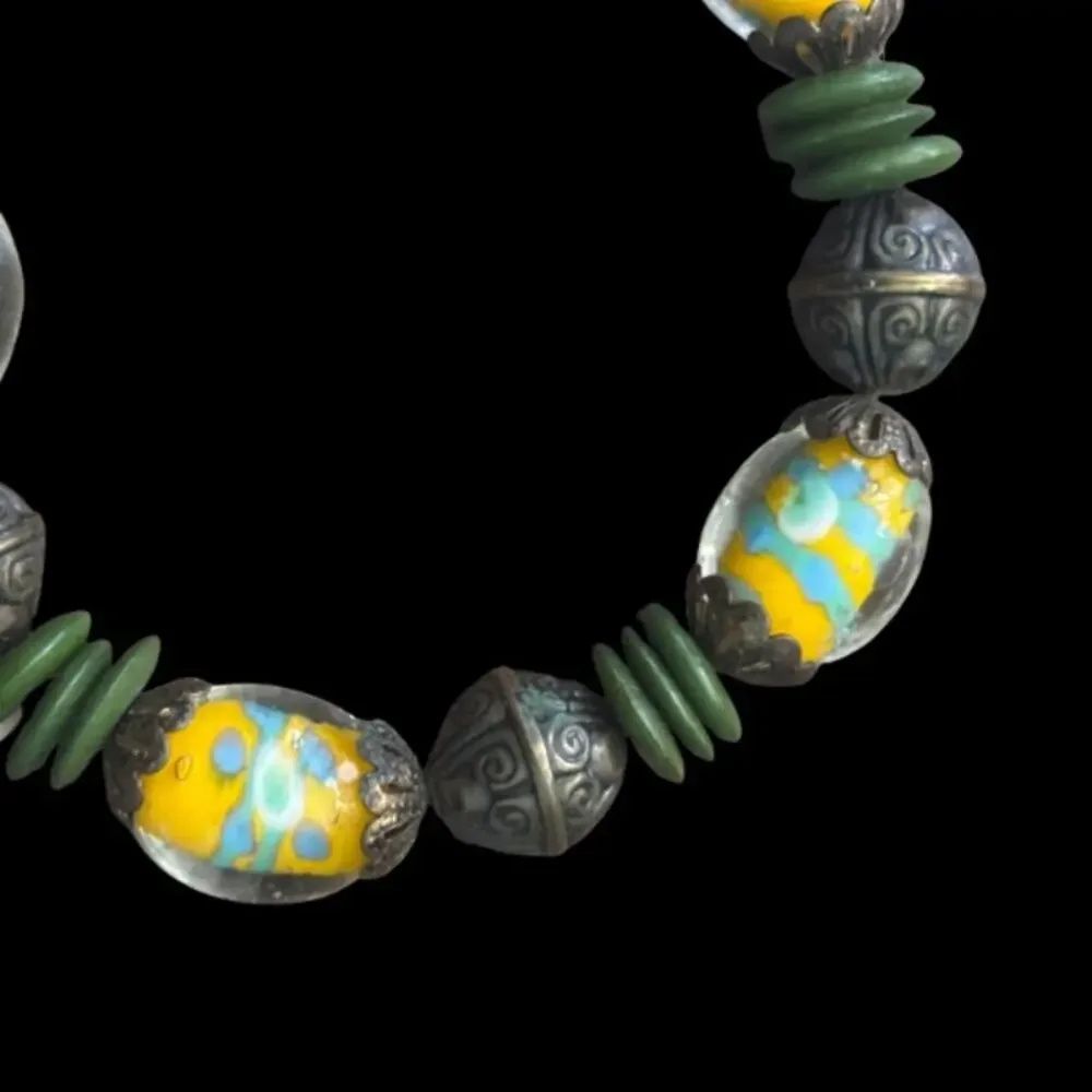 Vintage Yellow & Blue Murano Glass & Forest Green Bead Stretch Bracelet